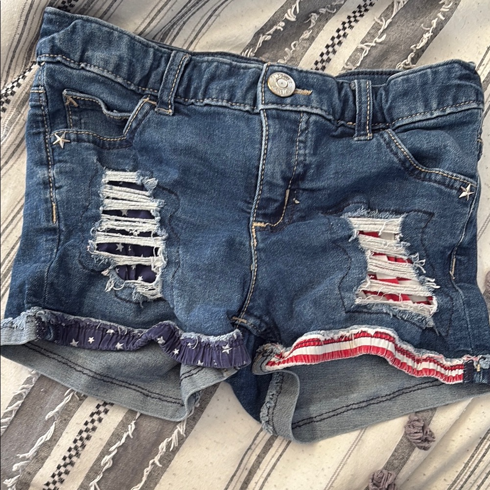 Justice Distressed Denim Shorts With American Flag Patch Detail